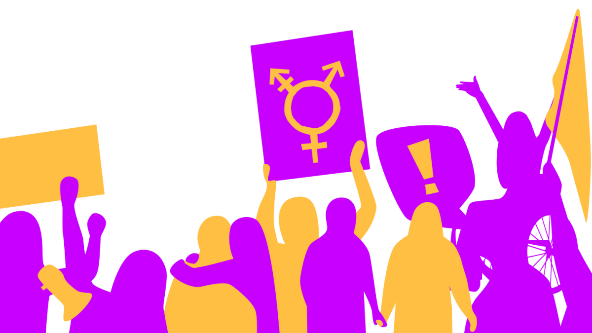 eine Menge von gezeichneten Personen protestiert. Auf den Demoschildern ist das Symbol für Feminismus zu sehen. Die Farben lila und orange stehen symbolisch gegen Gewalt an Frauen. 