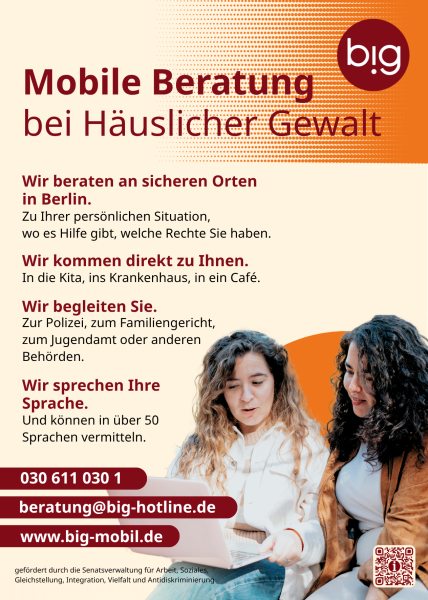 Mobile Beratung bei Häuslicher Gewalt: an sicheren Orten in Berlin, Begleitung zu Ämtern, in Ihrer Sprache.